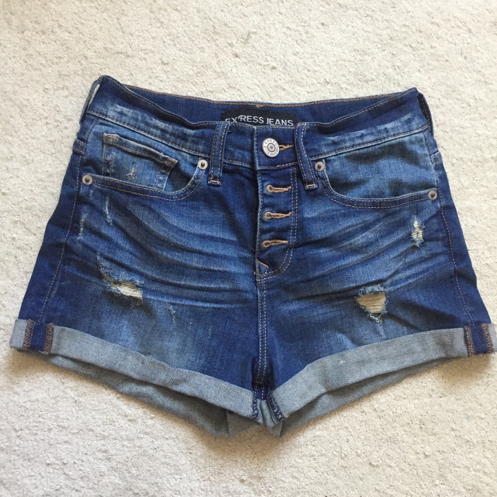 EXPRESS distressed high waisted jean shorts